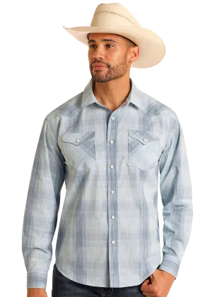 Modern Vintage Blue Plaid Long Sleeve Snap Shirt