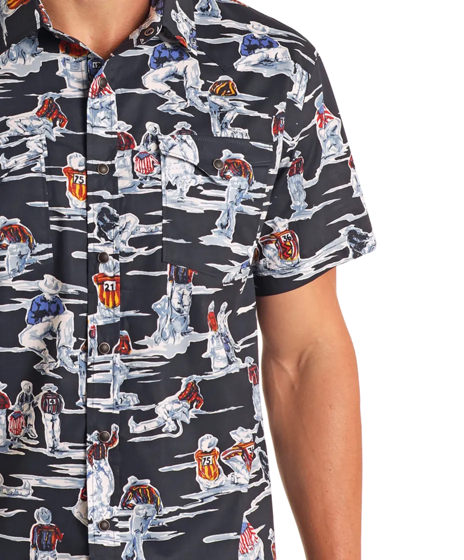 Modern Vintage Cowboy Print Short Sleeve Snap Shirt