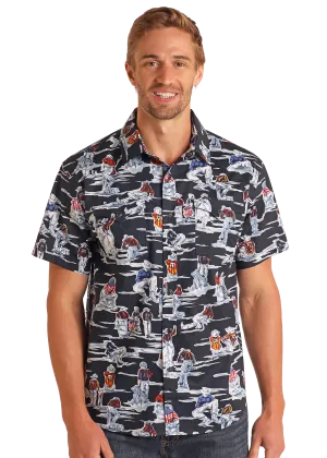 Modern Vintage Cowboy Print Short Sleeve Snap Shirt