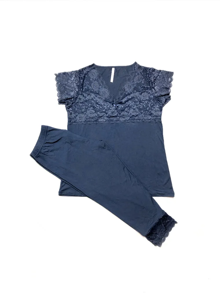 Navy Blue Floral Embroidered Cotton Pajama Lounge Set