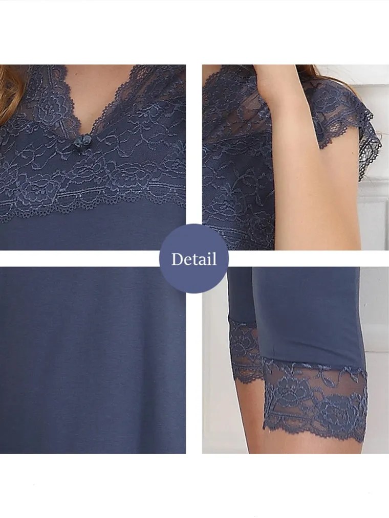 Navy Blue Floral Embroidered Cotton Pajama Lounge Set