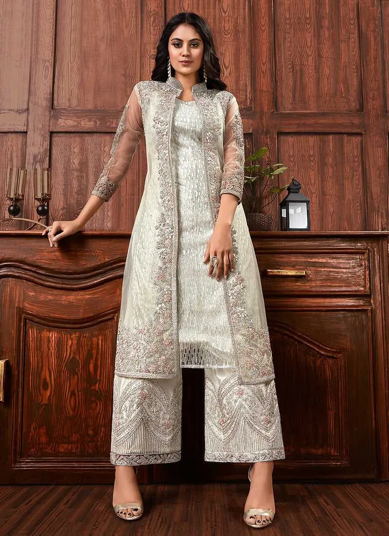Off-white Heavy Embroidered Jacket Style Plazzo Suit