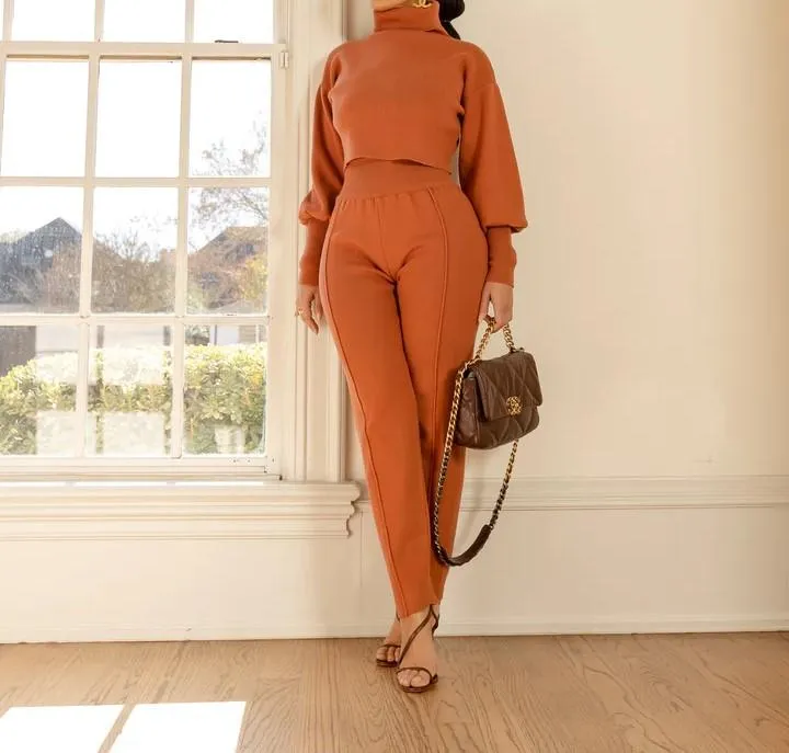Orange Turtleneck Sweatshirt & Pants Set