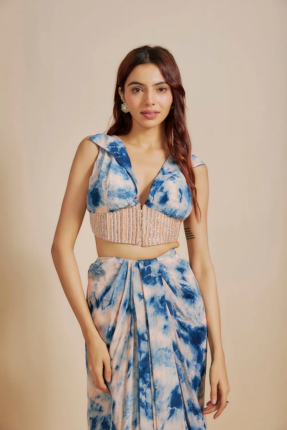 Peach/ Blue Shibori  Embroidered vest coat With Skirt