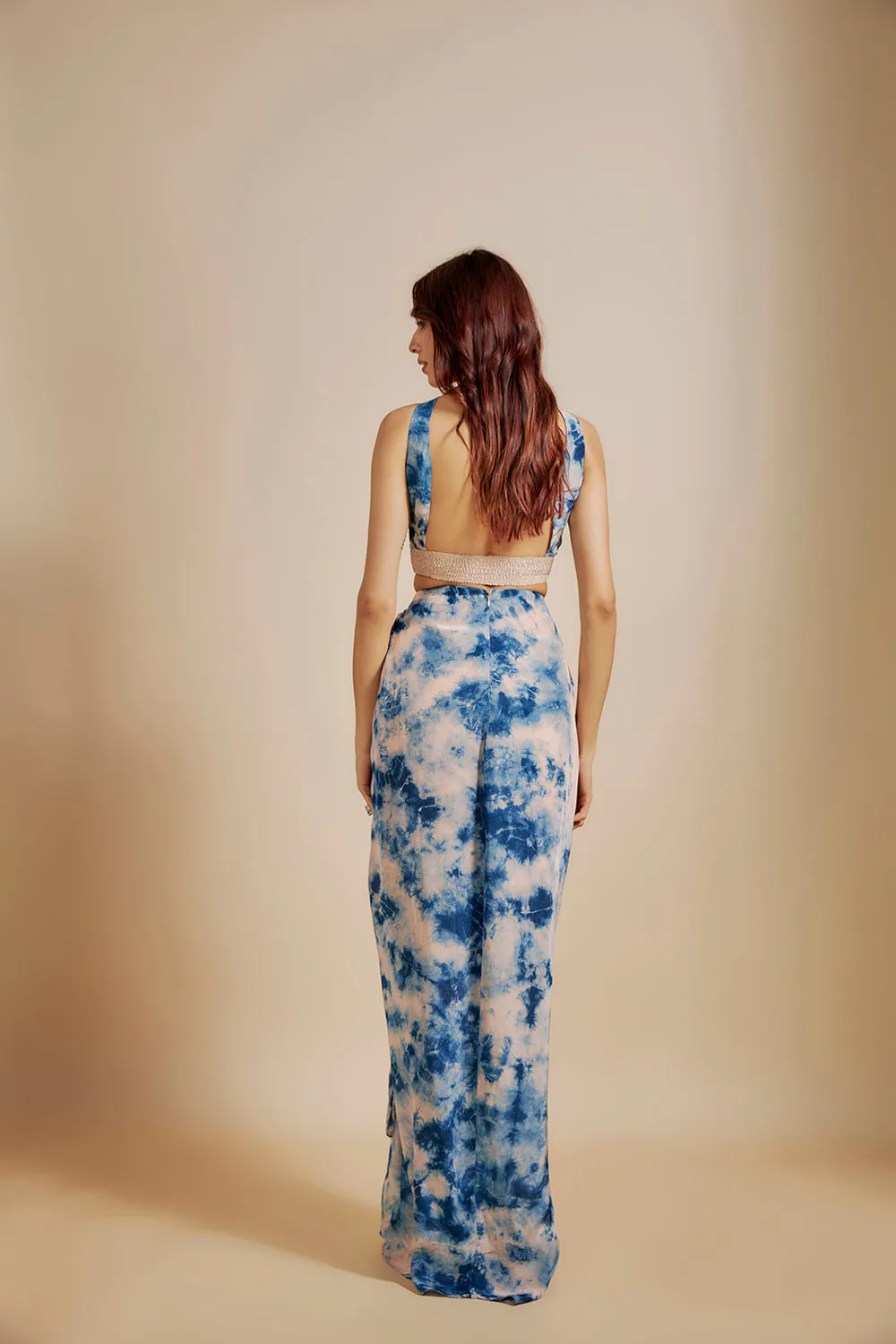 Peach/ Blue Shibori  Embroidered vest coat With Skirt