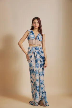 Peach/ Blue Shibori  Embroidered vest coat With Skirt