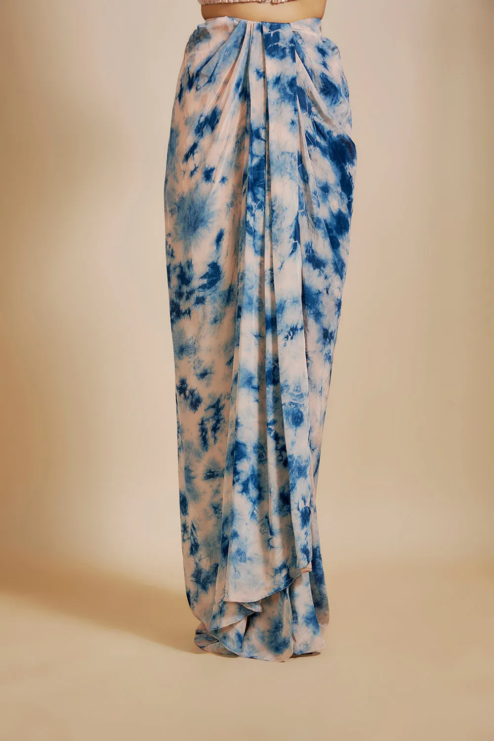 Peach/ Blue Shibori  Embroidered vest coat With Skirt