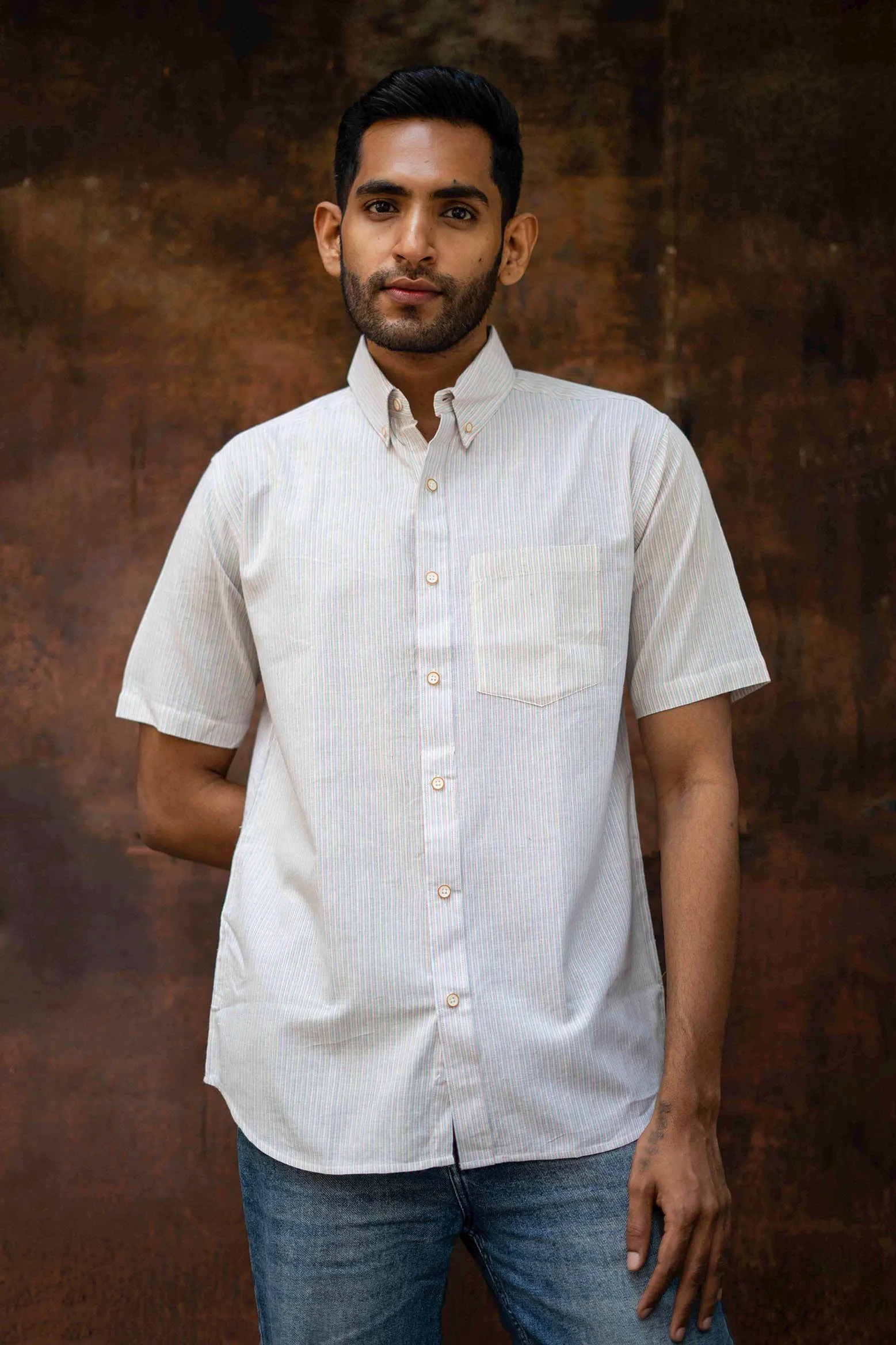 Pink and Blue Stripes · Button Down Collar · Half Sleeve Shirt