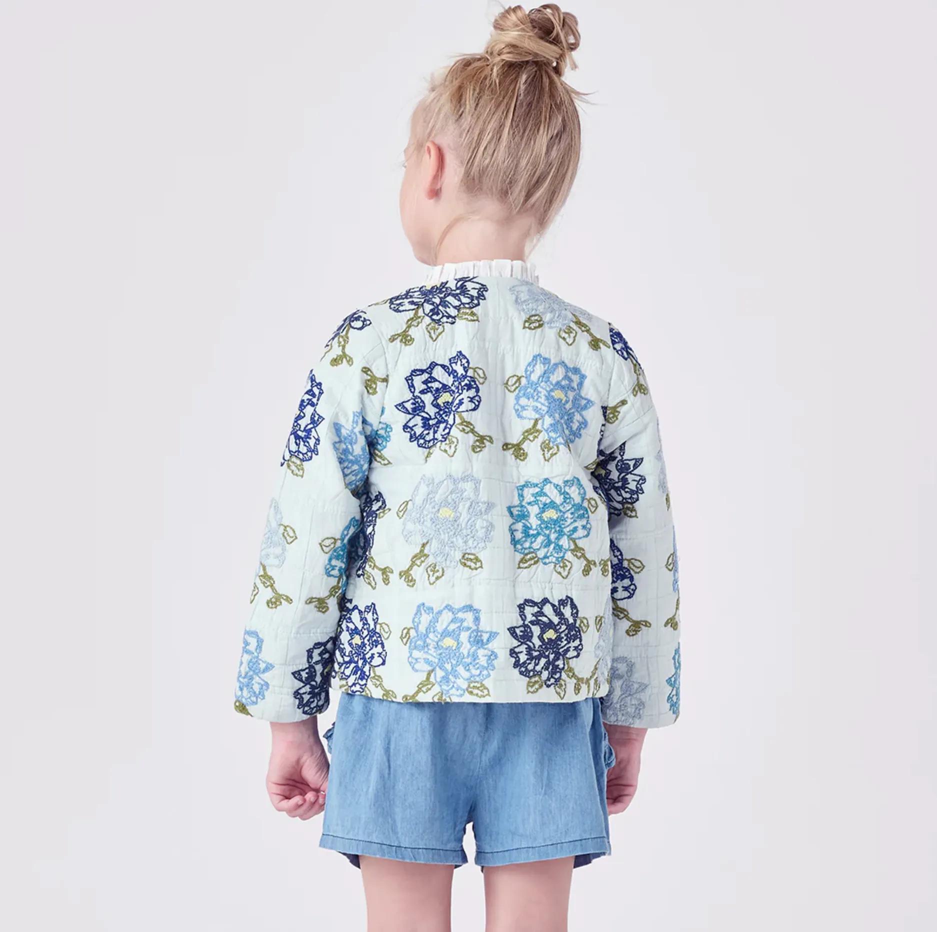 Pink Chicken Girls Quilted Jacket - Blue Quilt Flower Embroidery