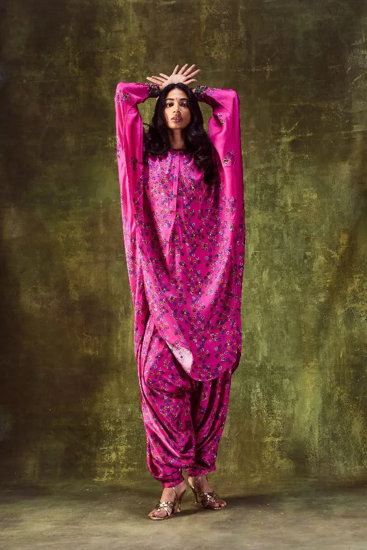 Pink Printed Loose Dress Paired With Cowl Pants