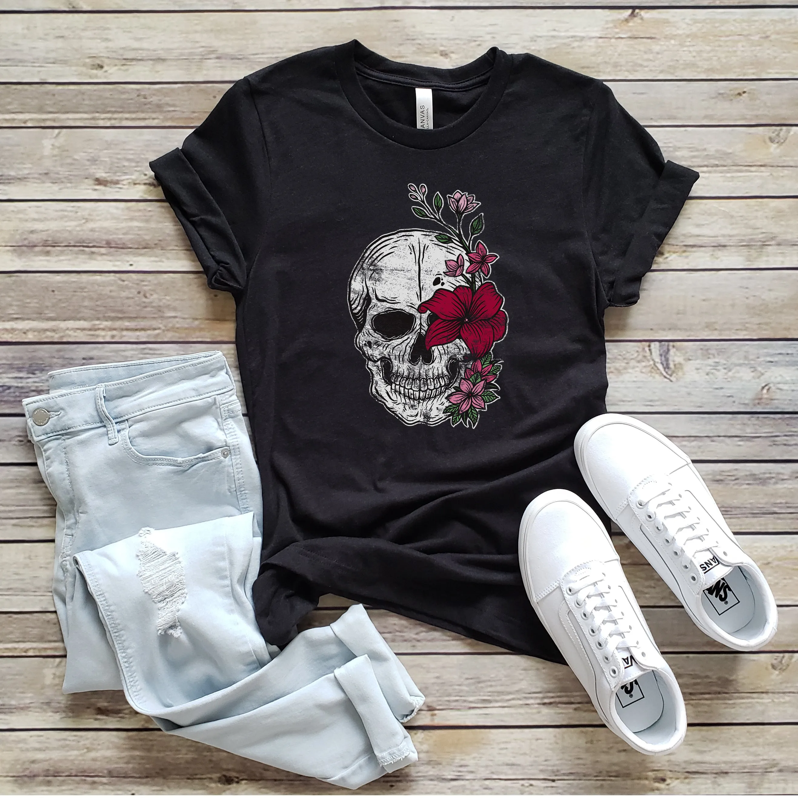 RED FLORAL SKELETON TEE