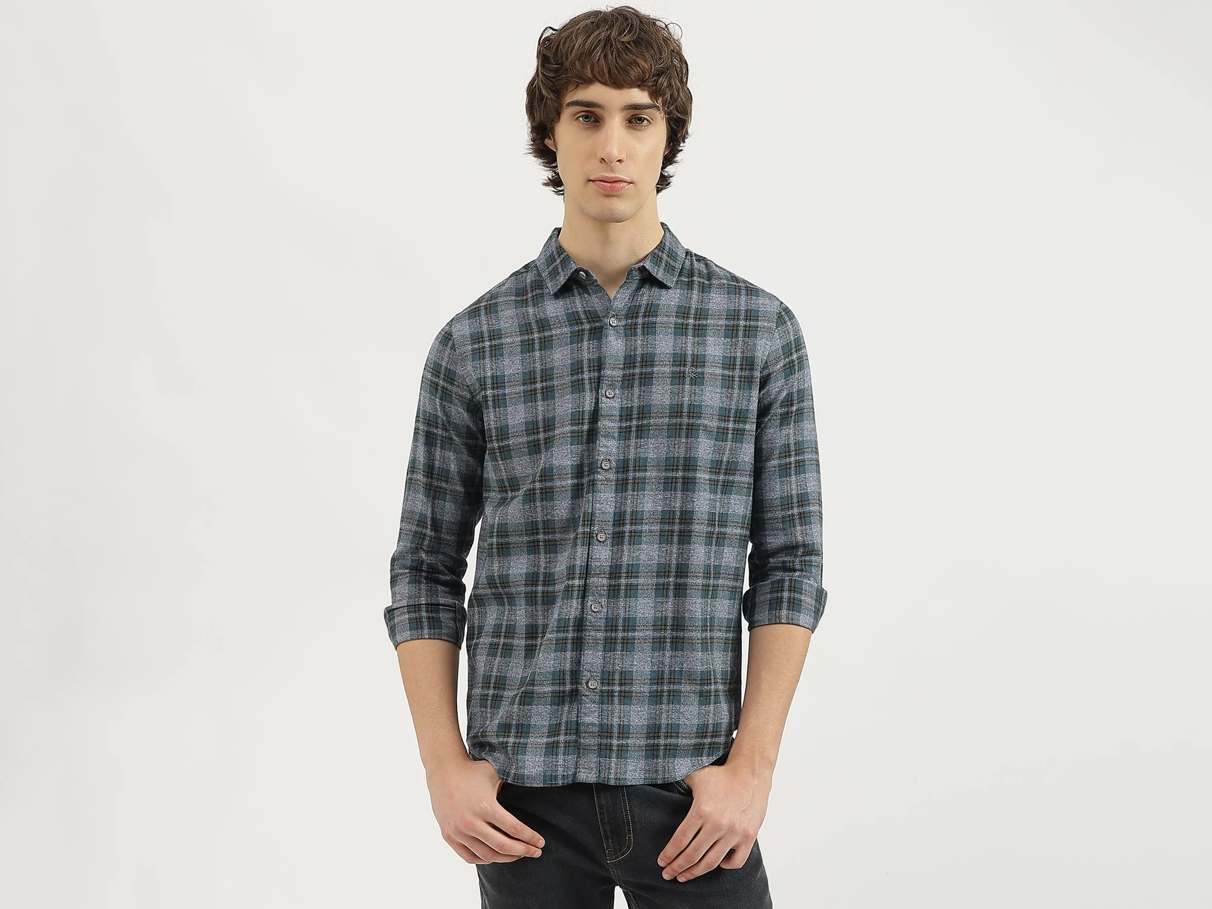 Regular Fit Spread Collar Checkered Shirt