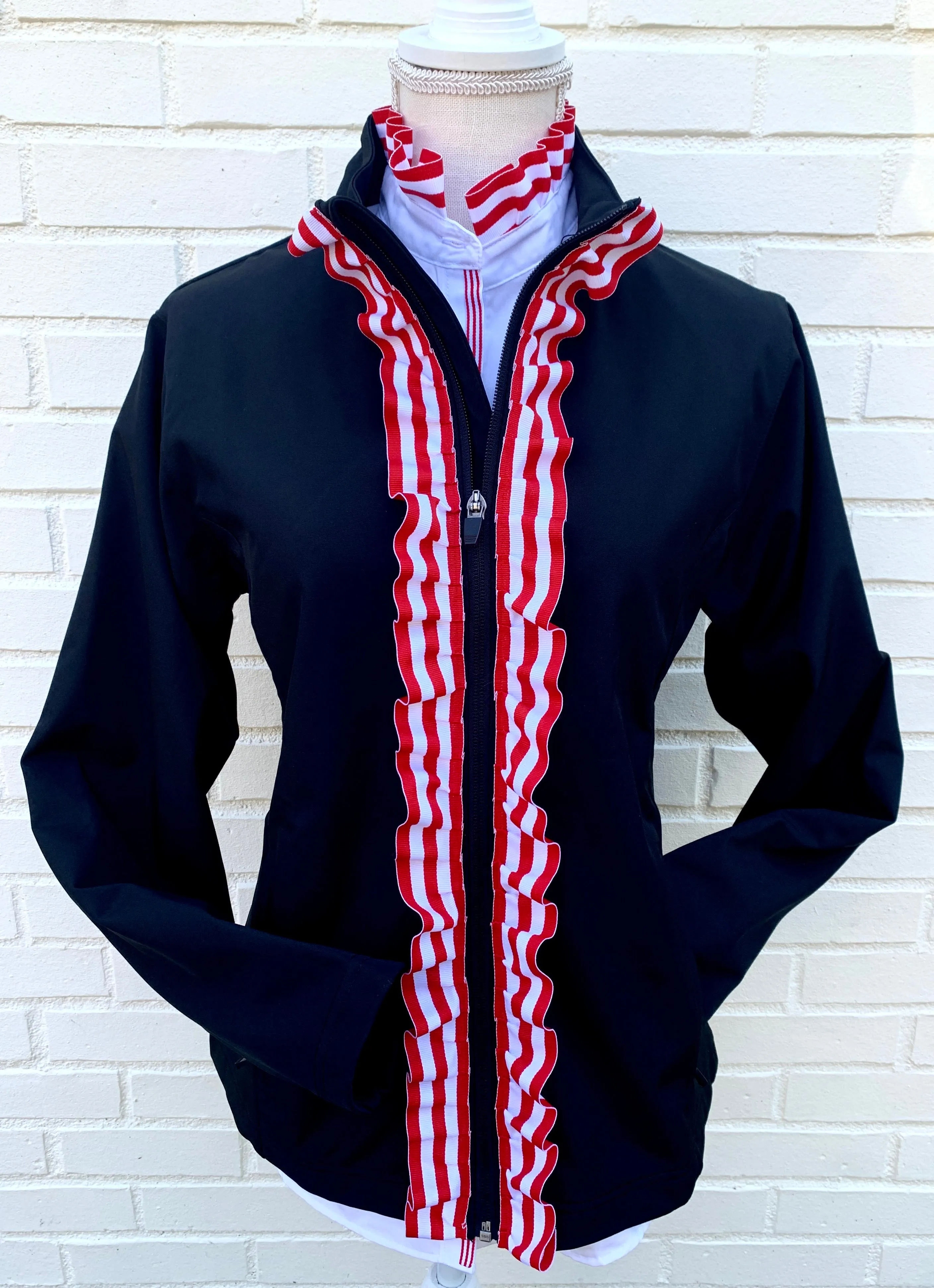 SALE - S, M & XL ONLY - Sailor Soft Shell Jacket - Black w Red & White Stripe Ruffle Ribbon (SLR06) *FINAL SALE*