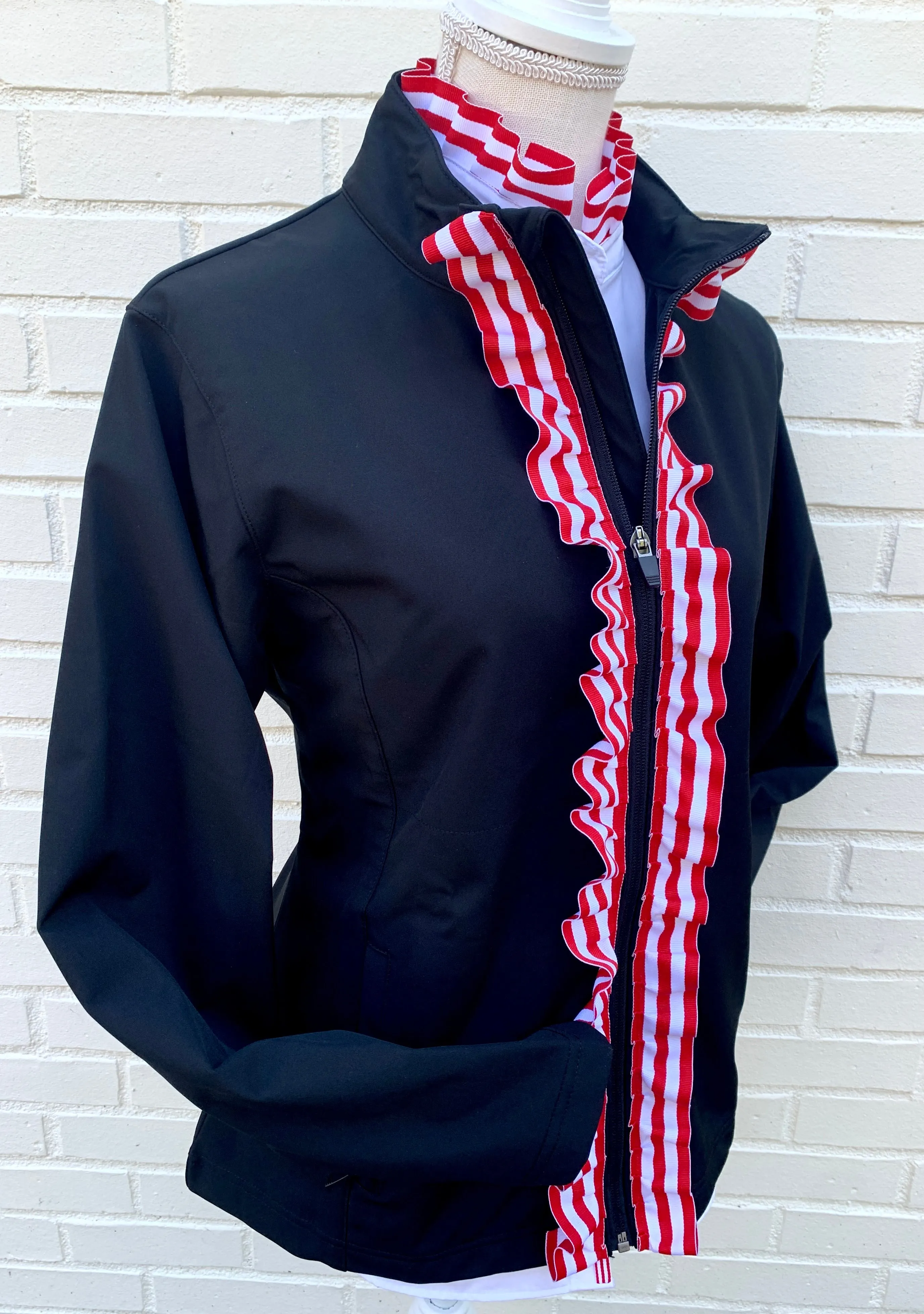 SALE - S, M & XL ONLY - Sailor Soft Shell Jacket - Black w Red & White Stripe Ruffle Ribbon (SLR06) *FINAL SALE*