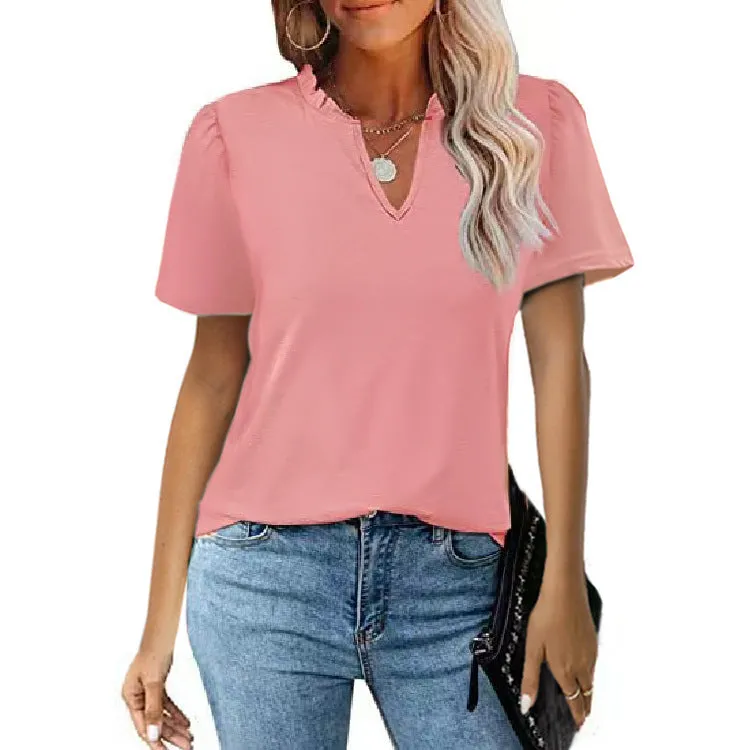 Short Sleeve V-Neck Solid Color T-Shirt
