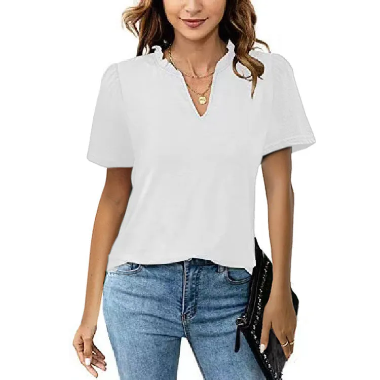 Short Sleeve V-Neck Solid Color T-Shirt