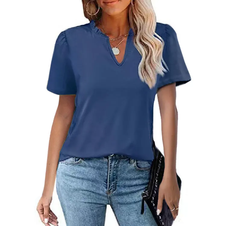 Short Sleeve V-Neck Solid Color T-Shirt