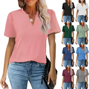 Short Sleeve V-Neck Solid Color T-Shirt