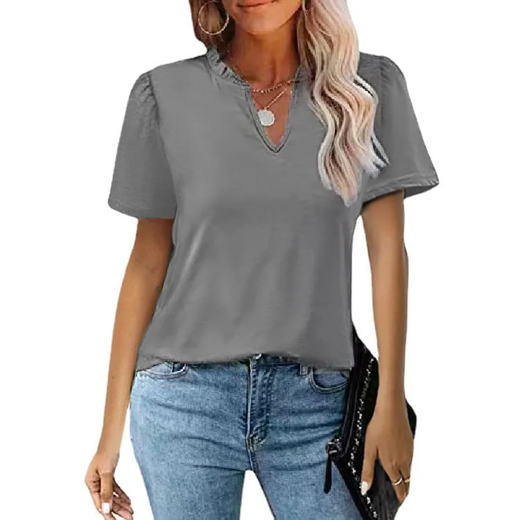 Short Sleeve V-Neck Solid Color T-Shirt