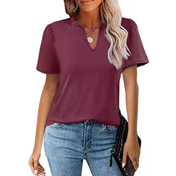 Short Sleeve V-Neck Solid Color T-Shirt