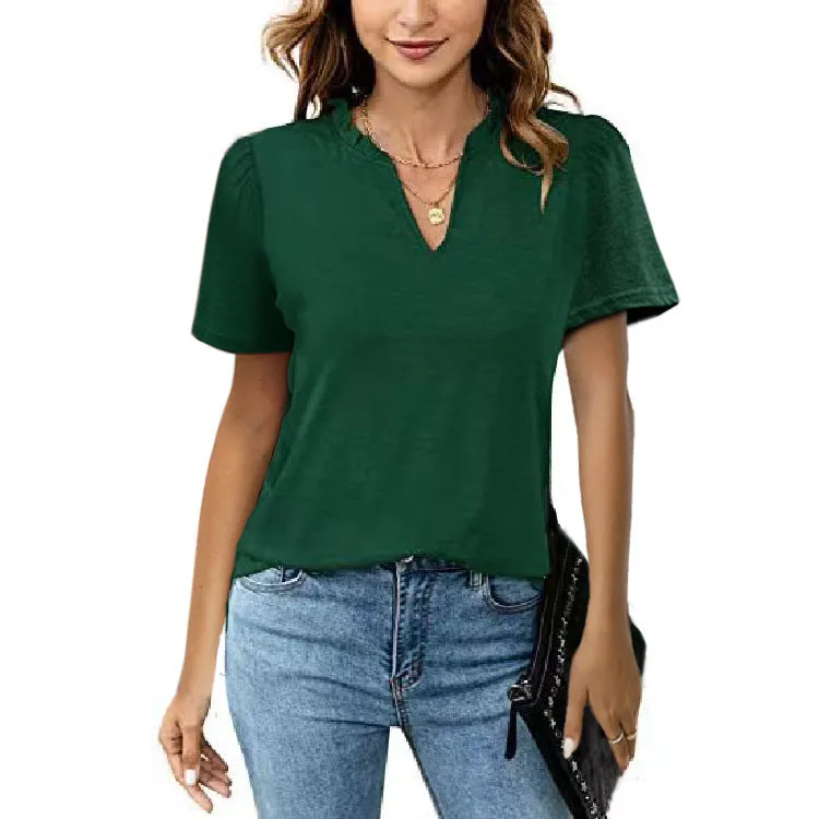 Short Sleeve V-Neck Solid Color T-Shirt