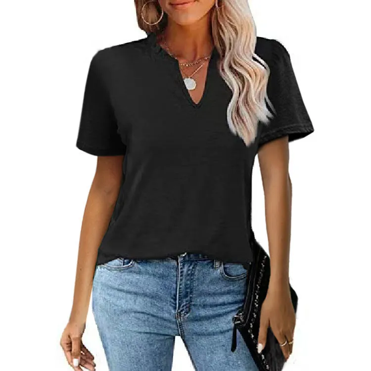 Short Sleeve V-Neck Solid Color T-Shirt