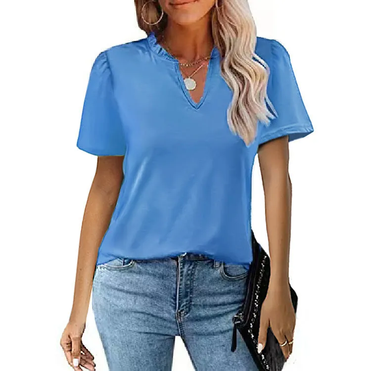 Short Sleeve V-Neck Solid Color T-Shirt