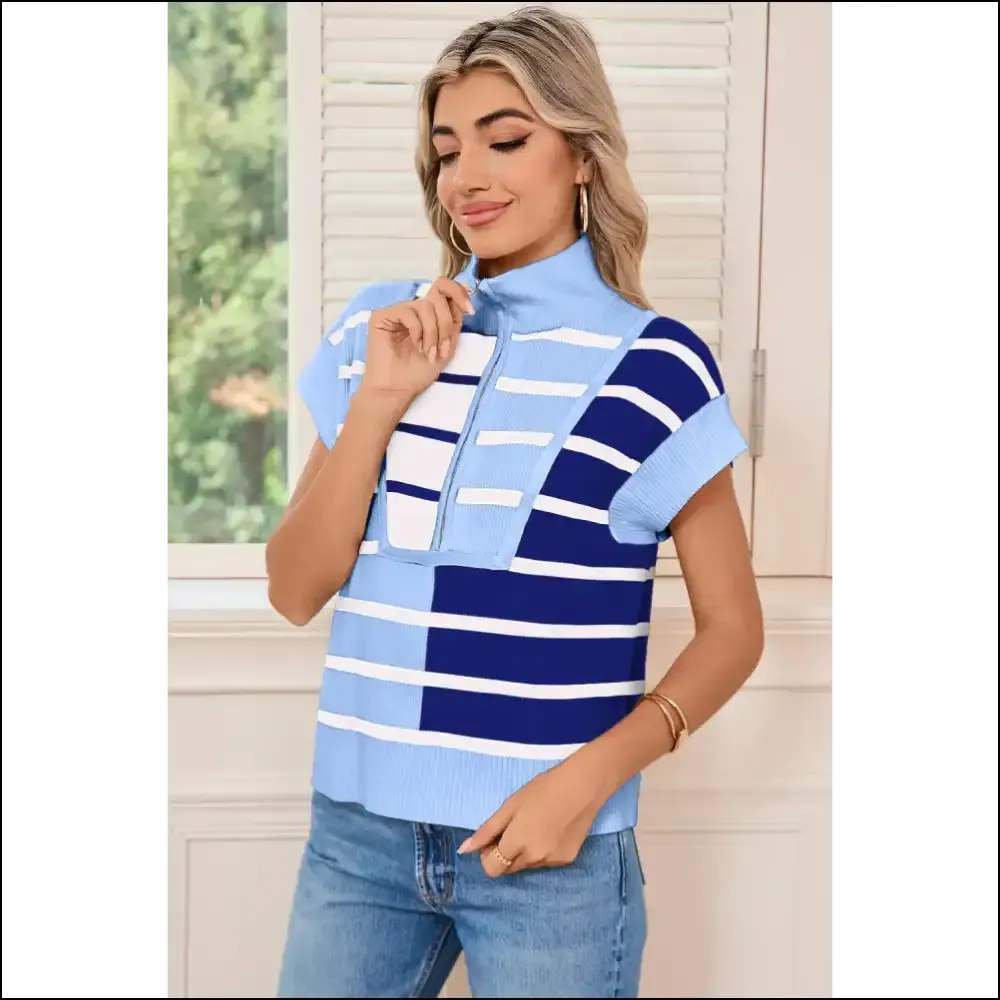Sky Blue Stripe Quarter Zip Knit Vest: Hugs not Drugs (needful Things) 💙