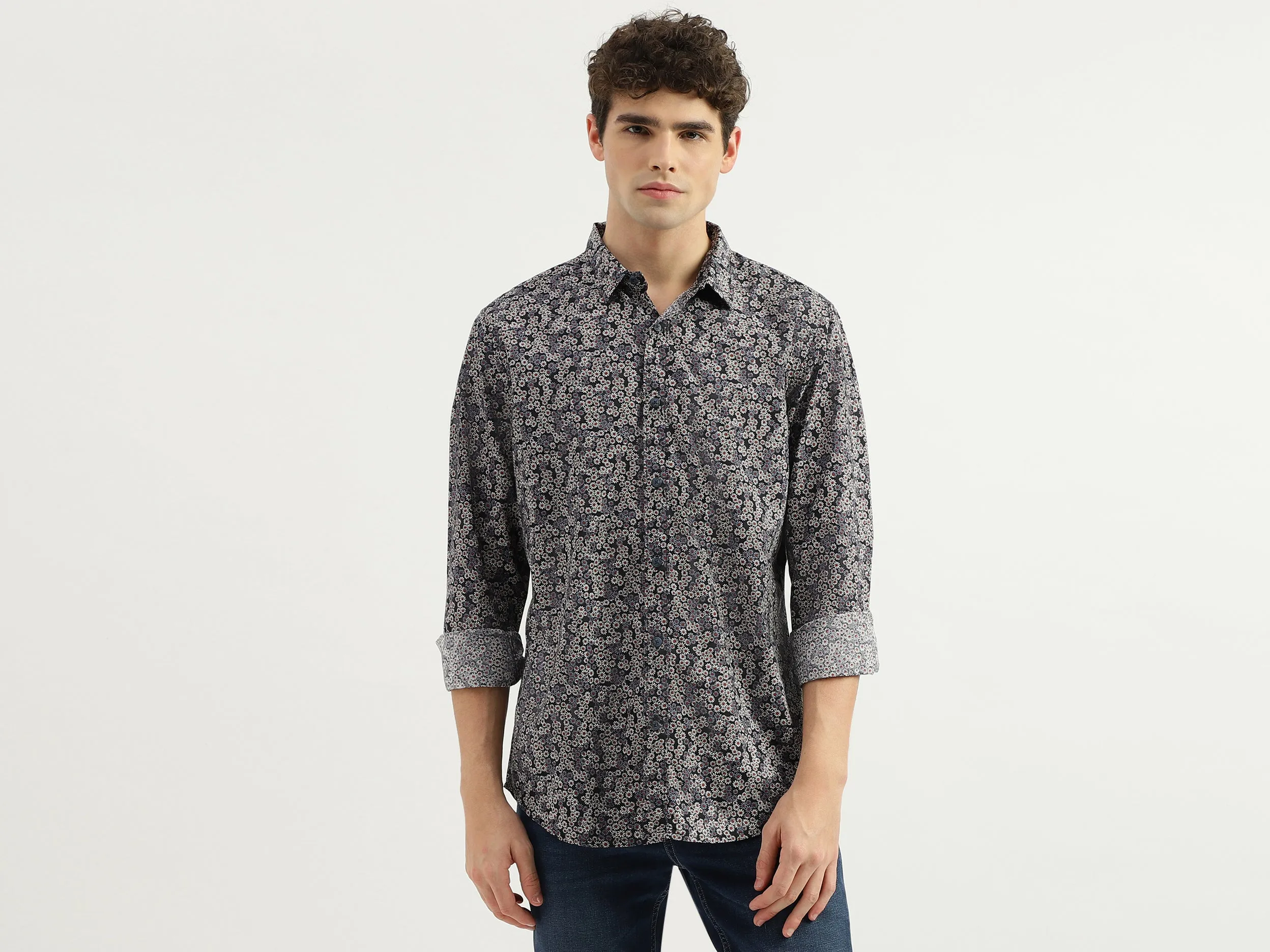 Slim Fit Spread Collar Floral Print Shirt