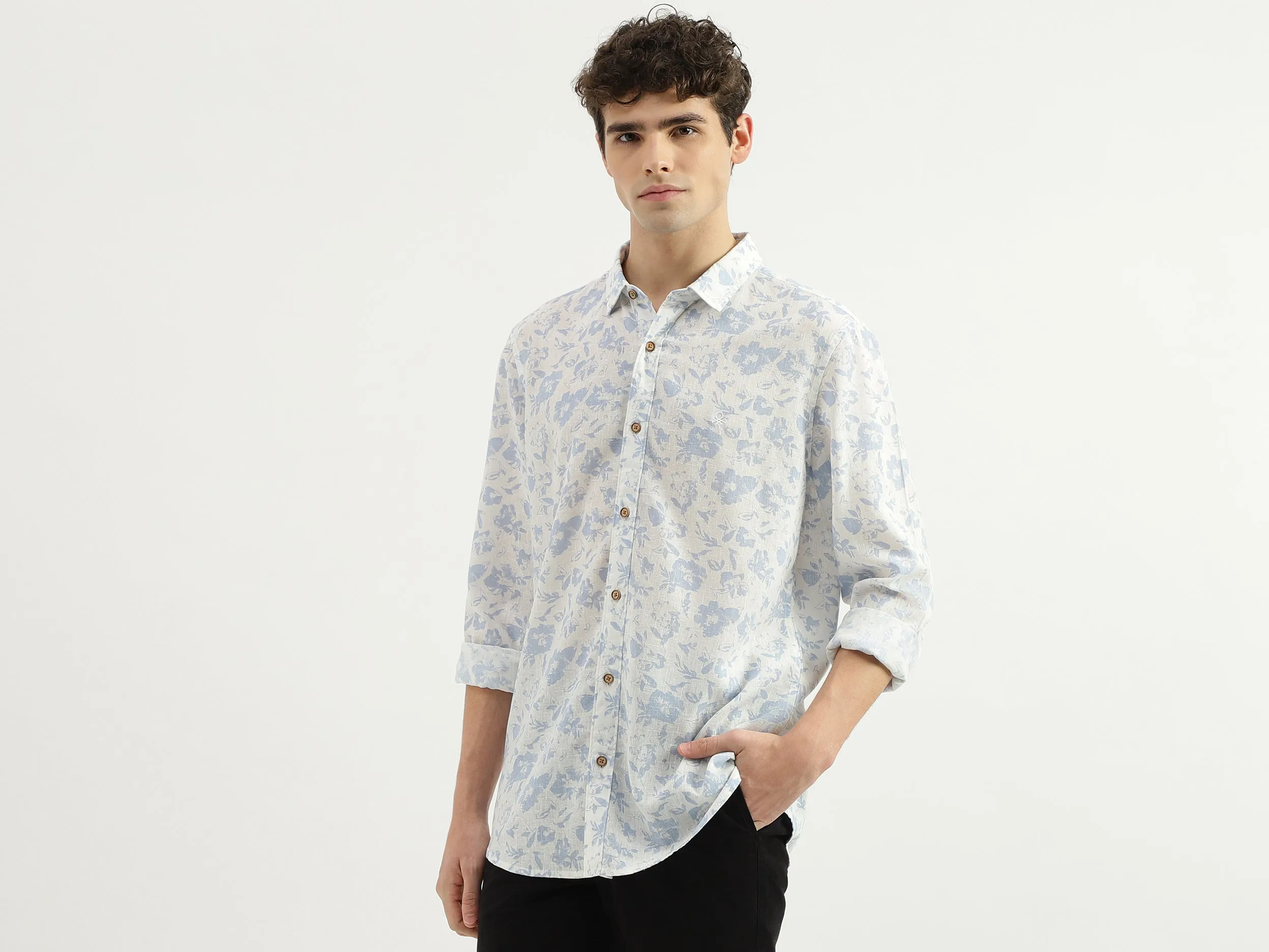 Slim Fit Spread Collar Floral Print Shirt