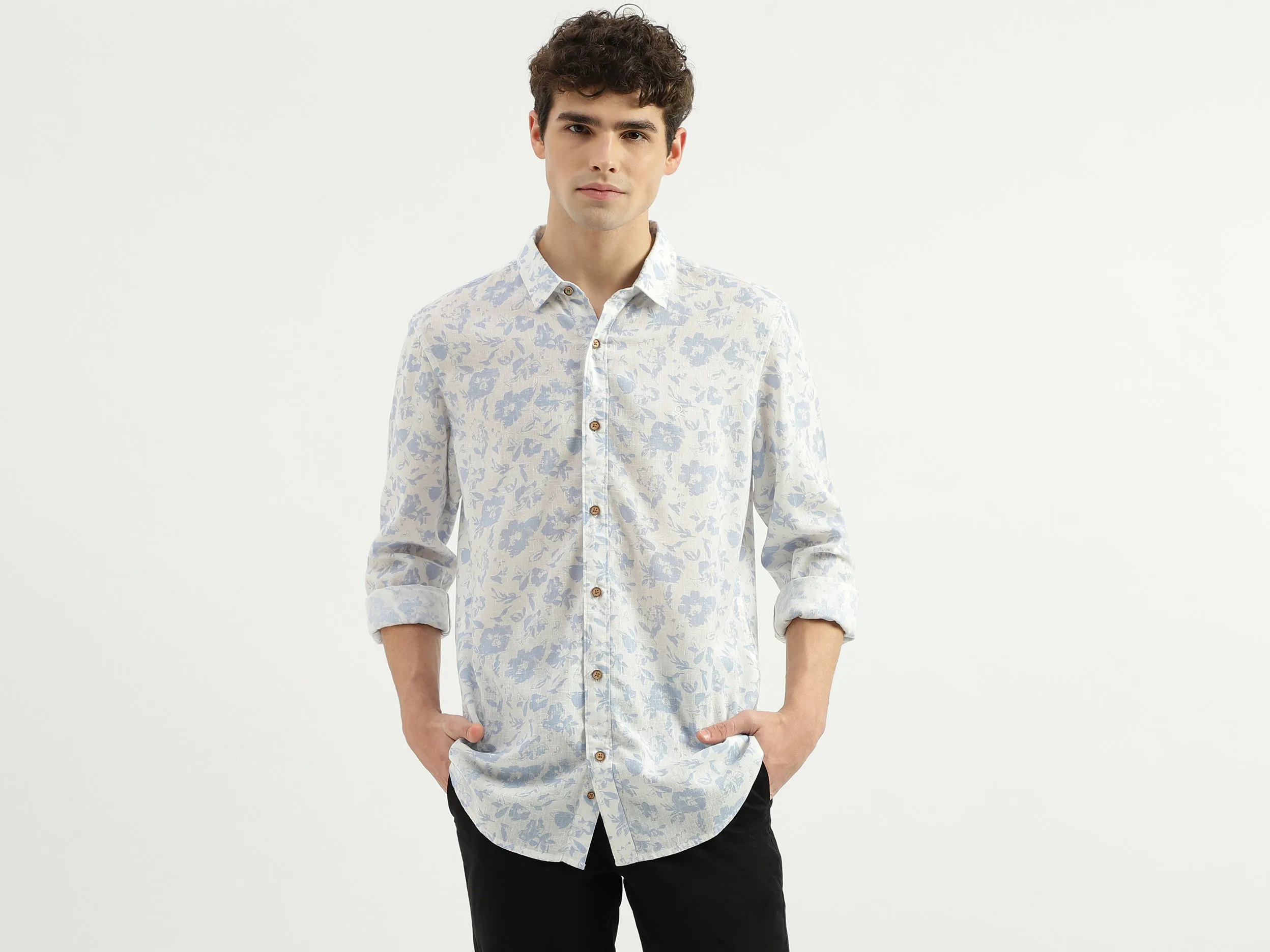 Slim Fit Spread Collar Floral Print Shirt