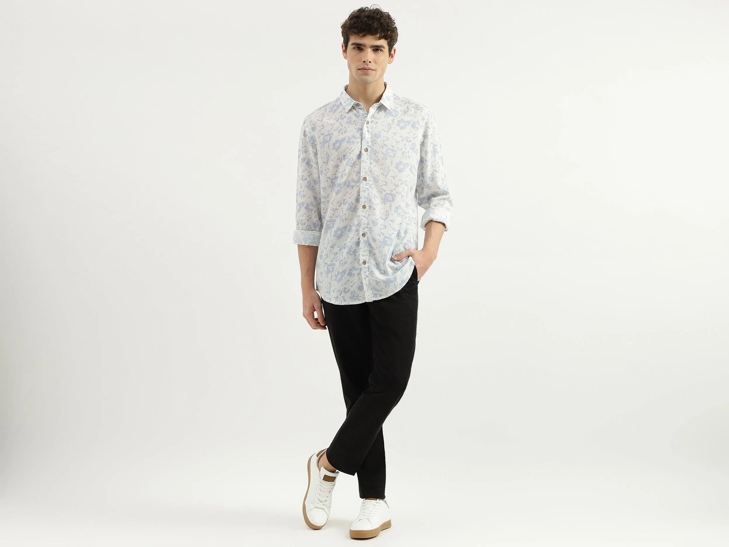 Slim Fit Spread Collar Floral Print Shirt