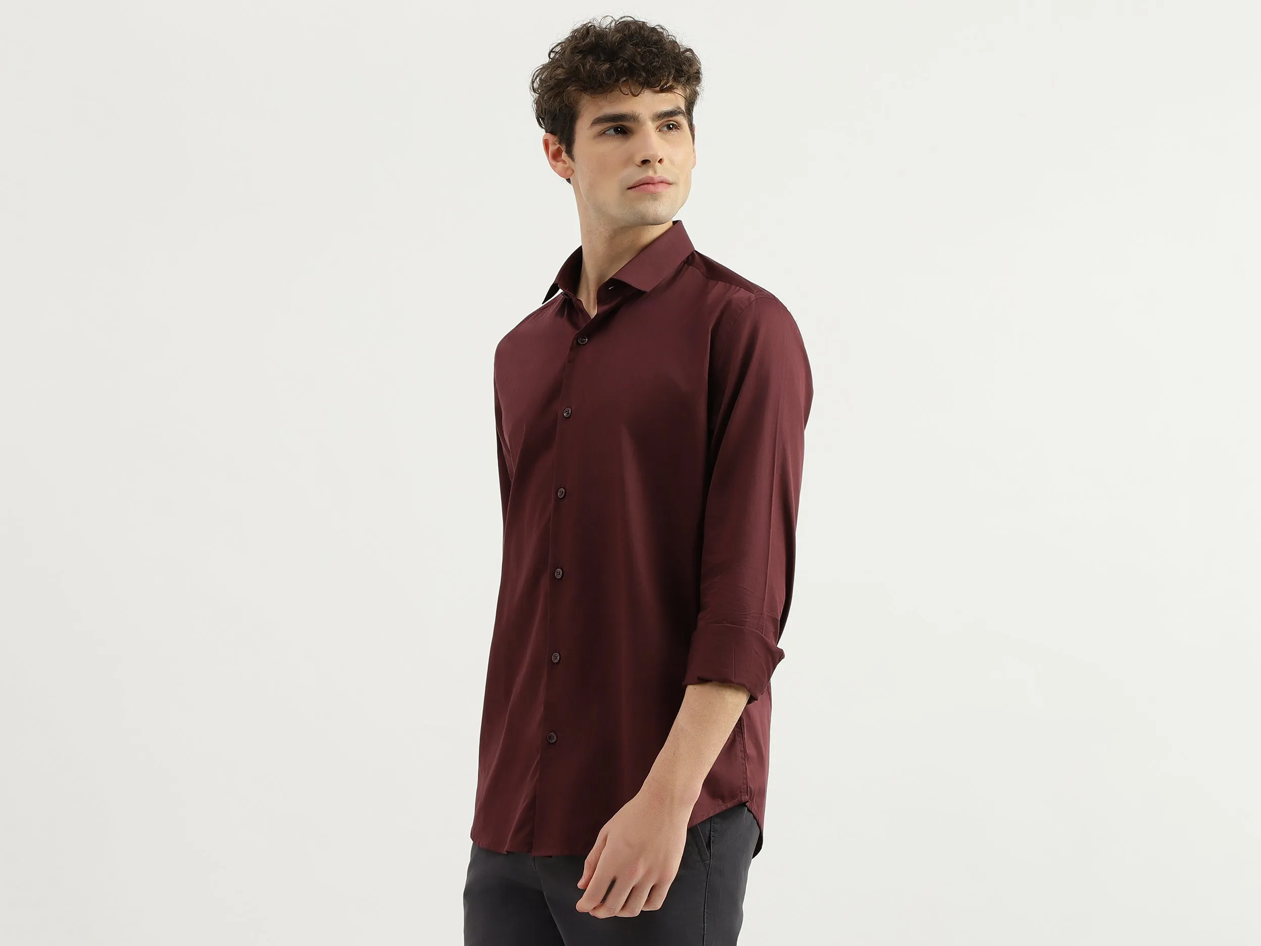Slim Fit Spread Collar Solid Shirt