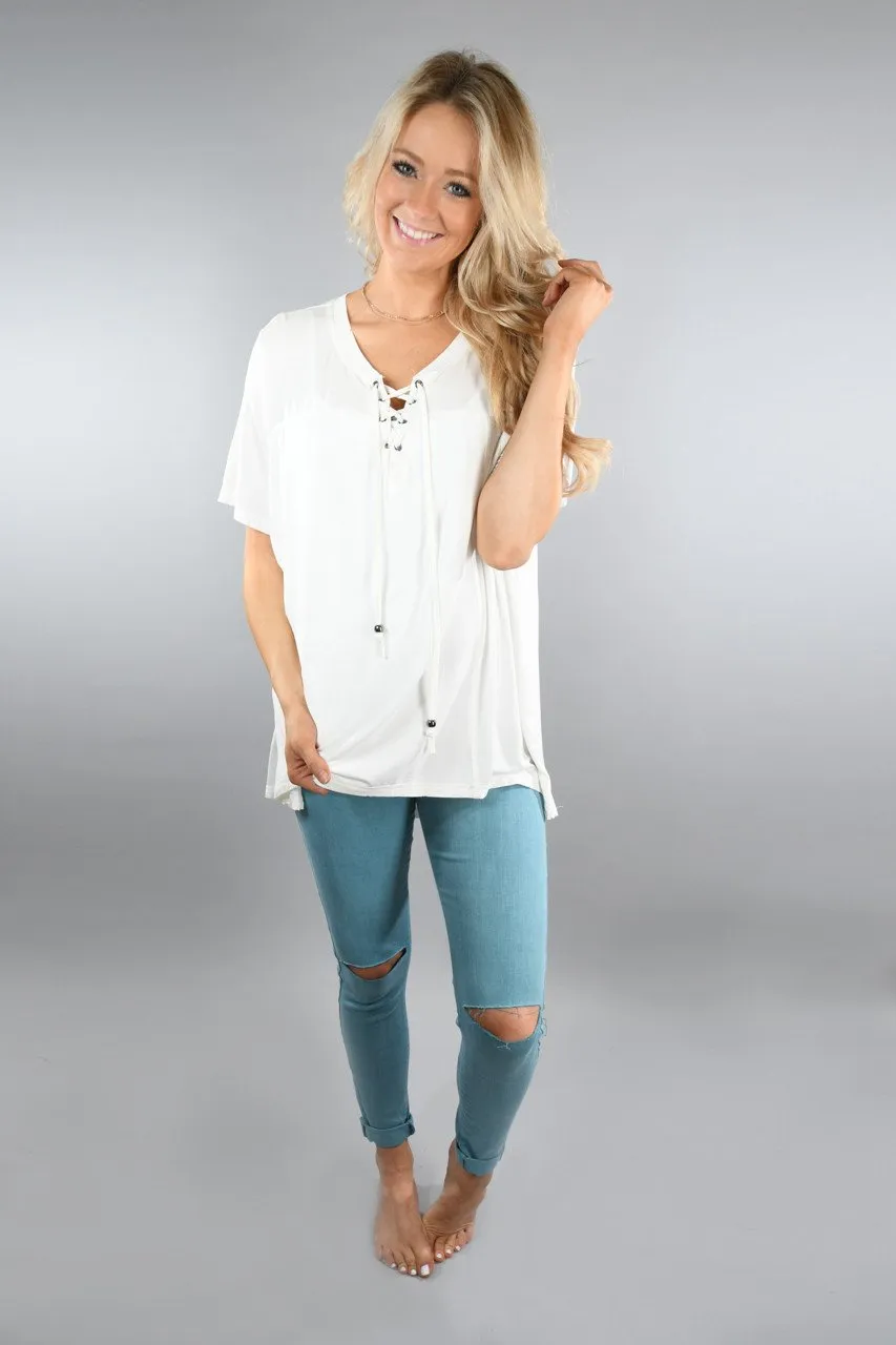 Slouchy Lace Up Top ~ Ivory