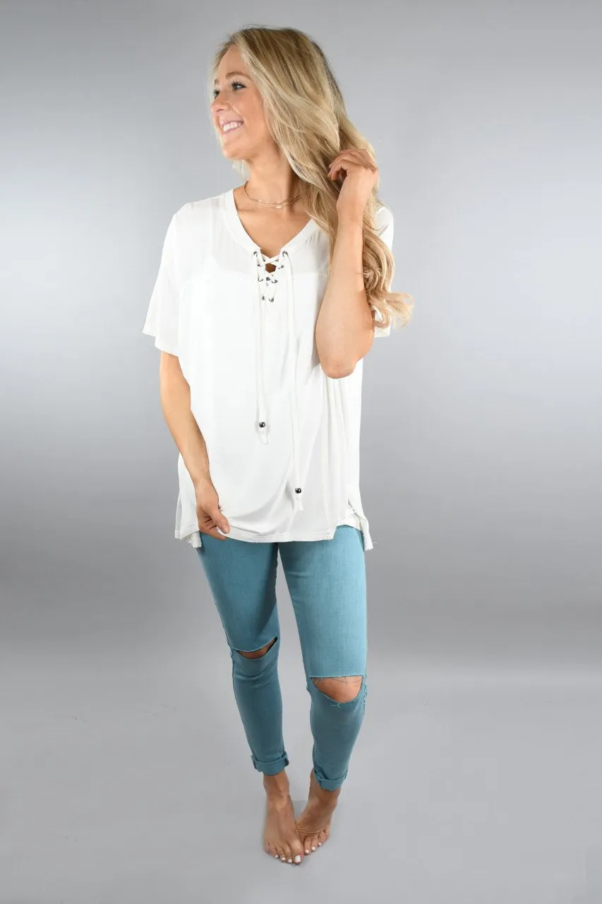 Slouchy Lace Up Top ~ Ivory