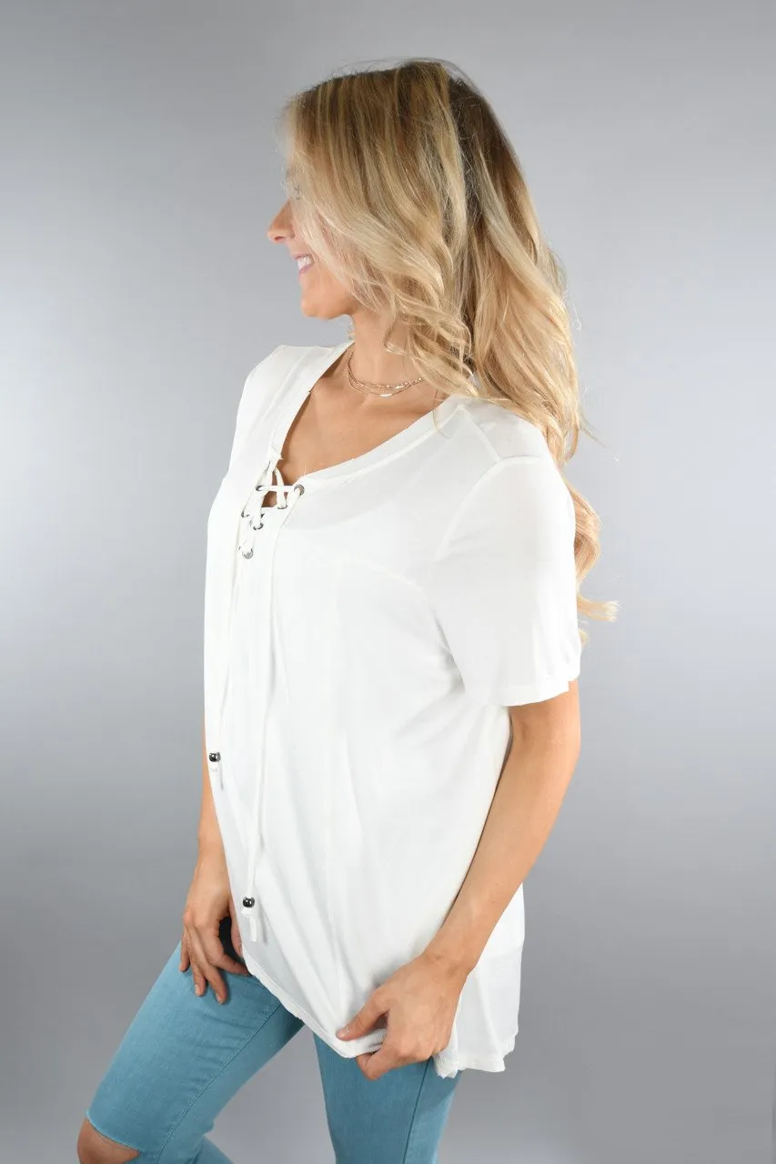 Slouchy Lace Up Top ~ Ivory