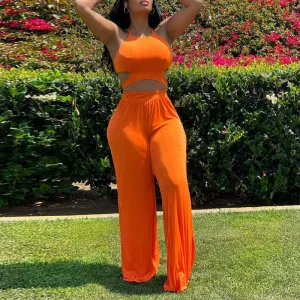 Solid Sleeveless Cut Out Crop Top & Loose Pants Set