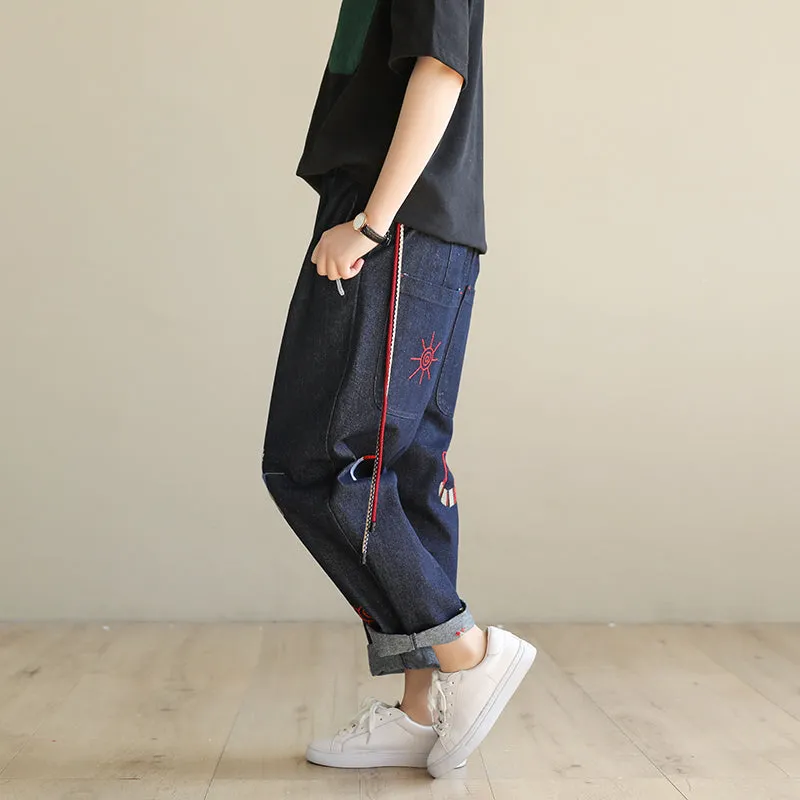 Spring Embroidery Loose Denim Pants