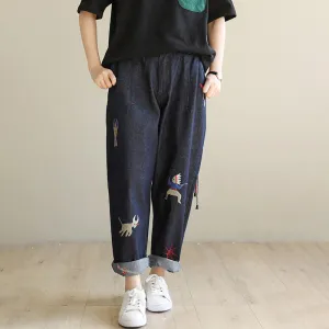 Spring Embroidery Loose Denim Pants