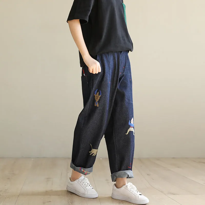 Spring Embroidery Loose Denim Pants