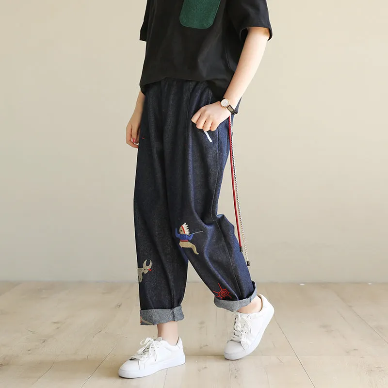 Spring Embroidery Loose Denim Pants