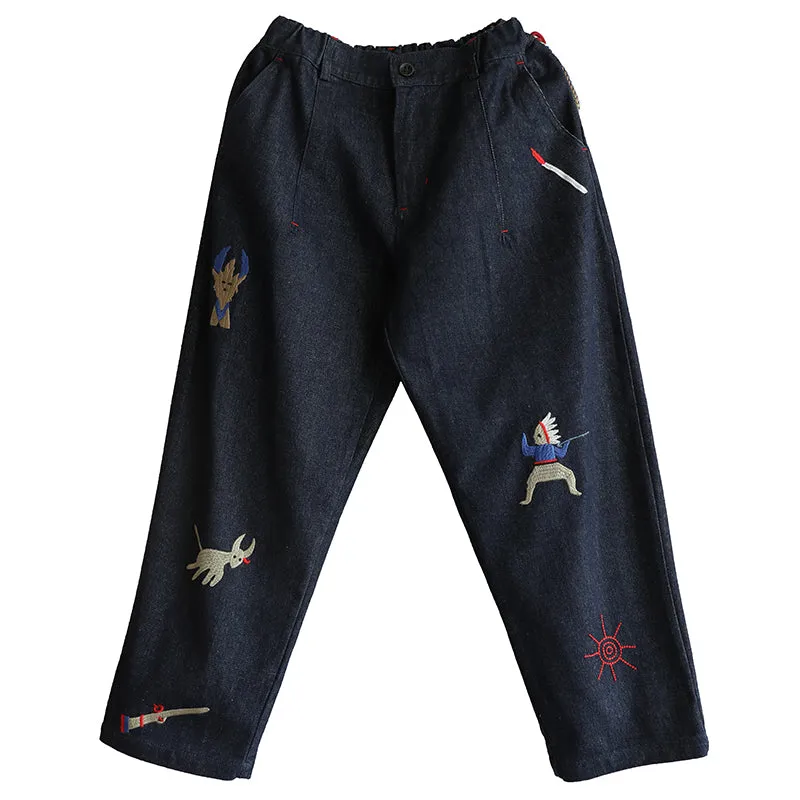 Spring Embroidery Loose Denim Pants