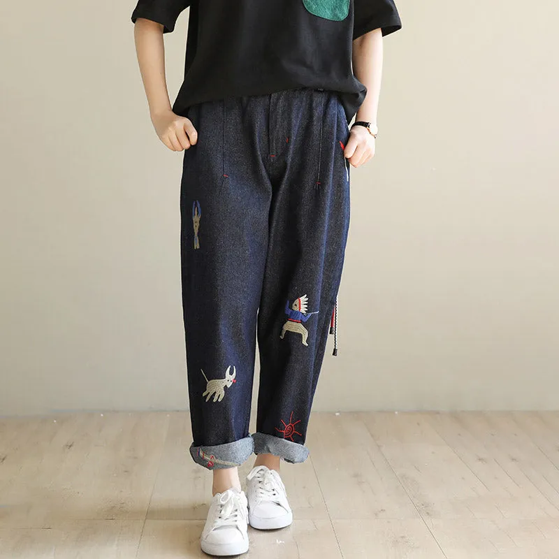 Spring Embroidery Loose Denim Pants