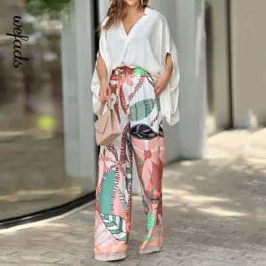 Summer V-Neck Batwing Top & Printed Wide-Leg Pants Set