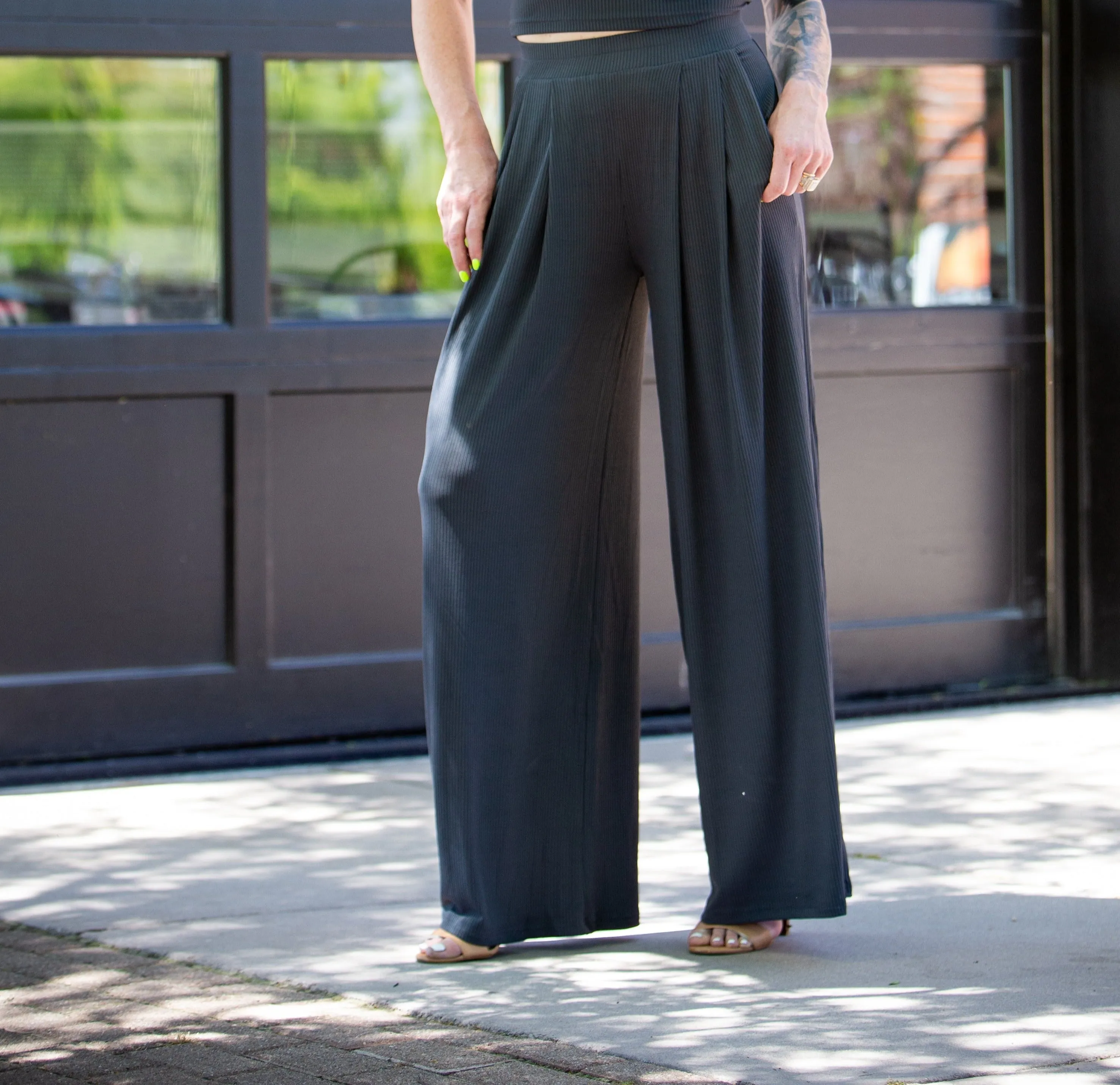 TAKE ME OUT RIBBED WIDE LEG PANTS ~ CHARCOAL