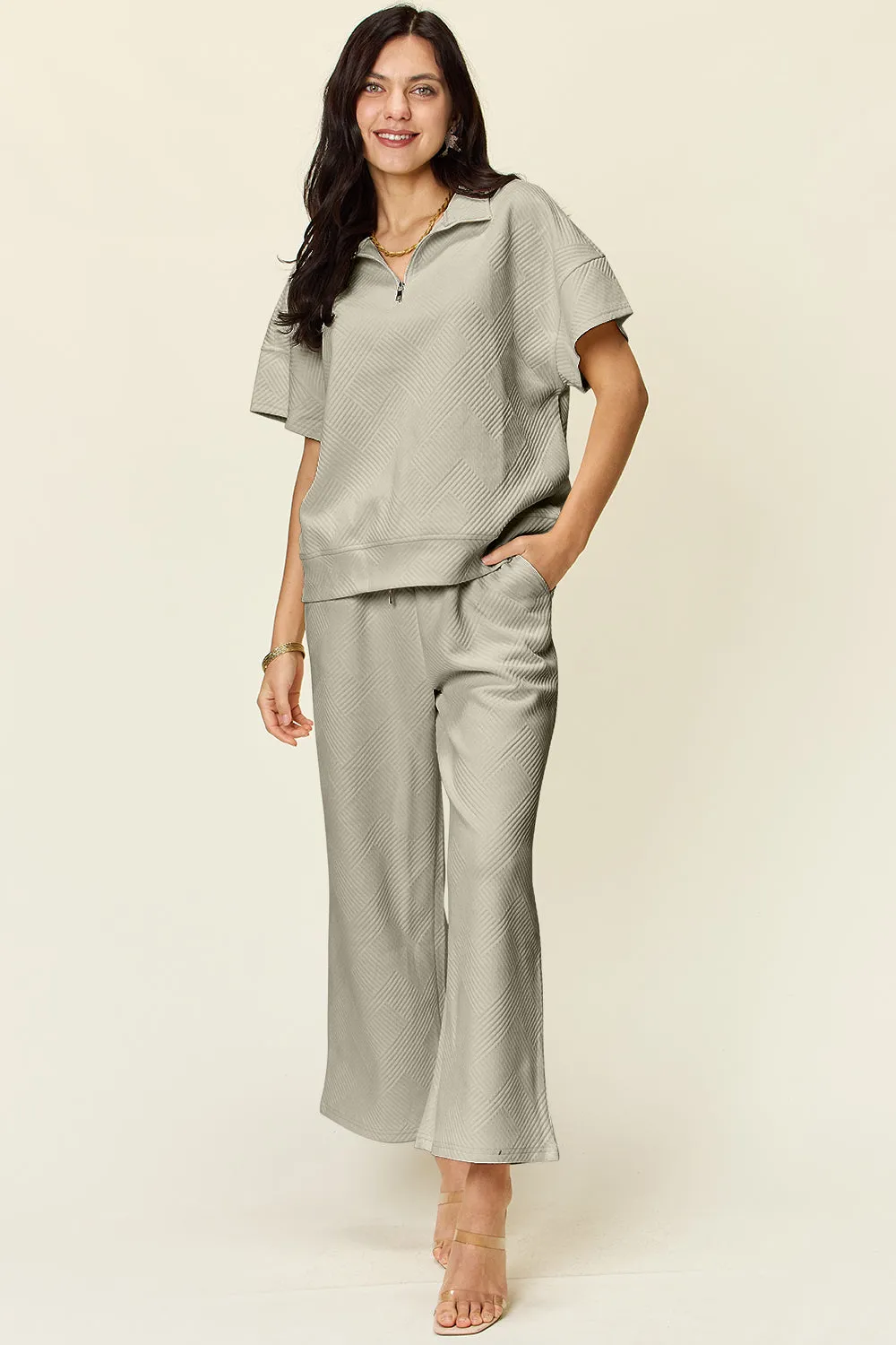 Tanner Double Take Full Size Texture Half Zip Short Sleeve Top and Pants Set