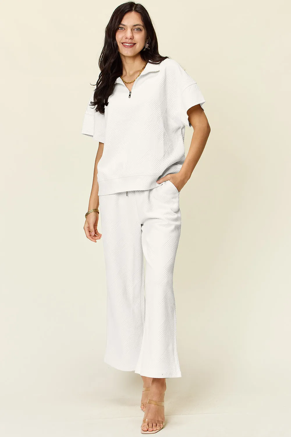 Tanner Double Take Full Size Texture Half Zip Short Sleeve Top and Pants Set