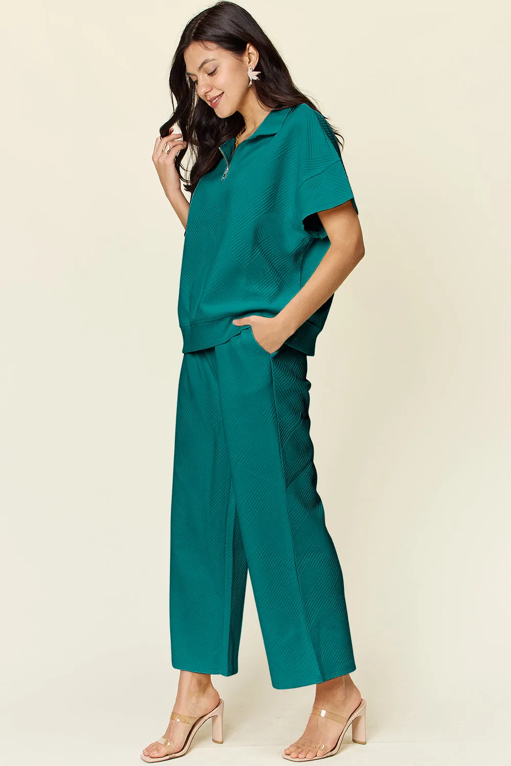Tanner Double Take Full Size Texture Half Zip Short Sleeve Top and Pants Set