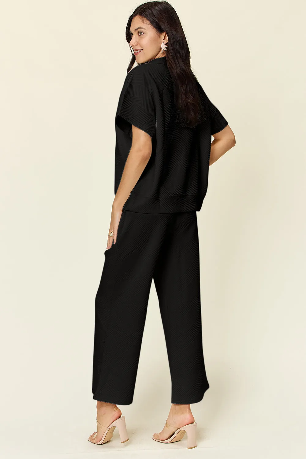 Tanner Double Take Full Size Texture Half Zip Short Sleeve Top and Pants Set