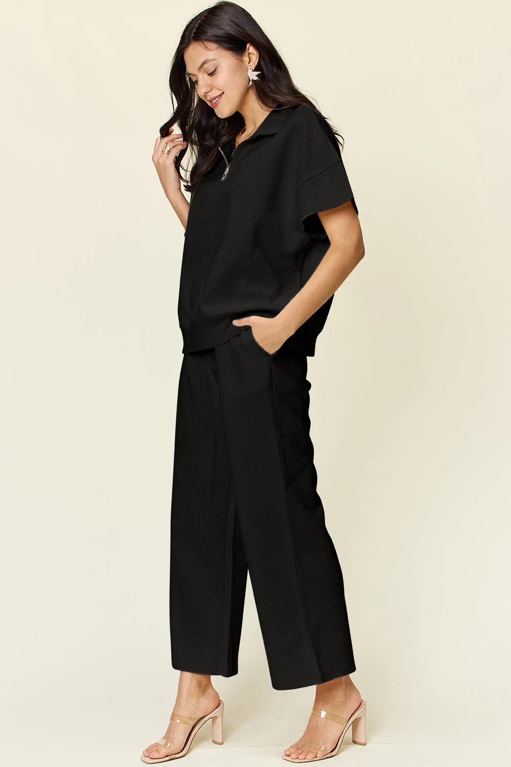 Tanner Double Take Full Size Texture Half Zip Short Sleeve Top and Pants Set